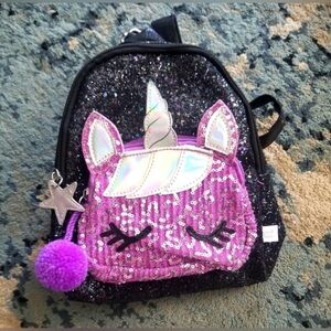 🦄✨ Unicorn Mini Backpack – Glitter & Sequin Purple/Black | 9” Kids Backpack